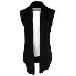 Ruffle Shawl Collar Cardigan Sleeveless Lightweight Vest Drape Cape Black